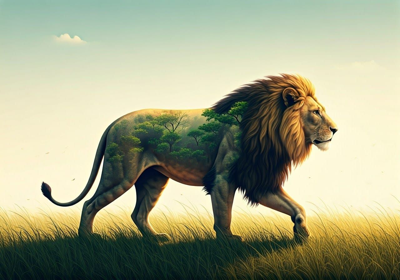 Lion Silhouette Filled with Vibrant Green Forest