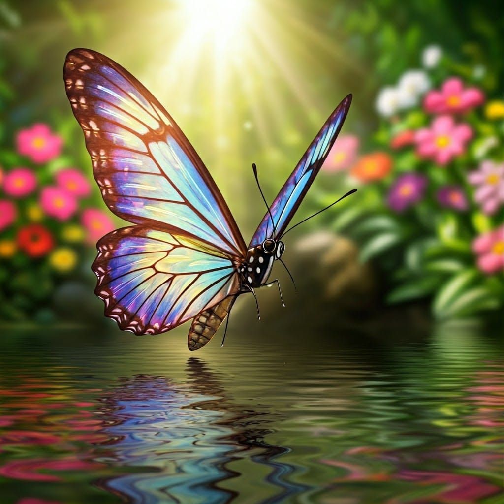 Stained Glass Butterfly Glides Over Pond