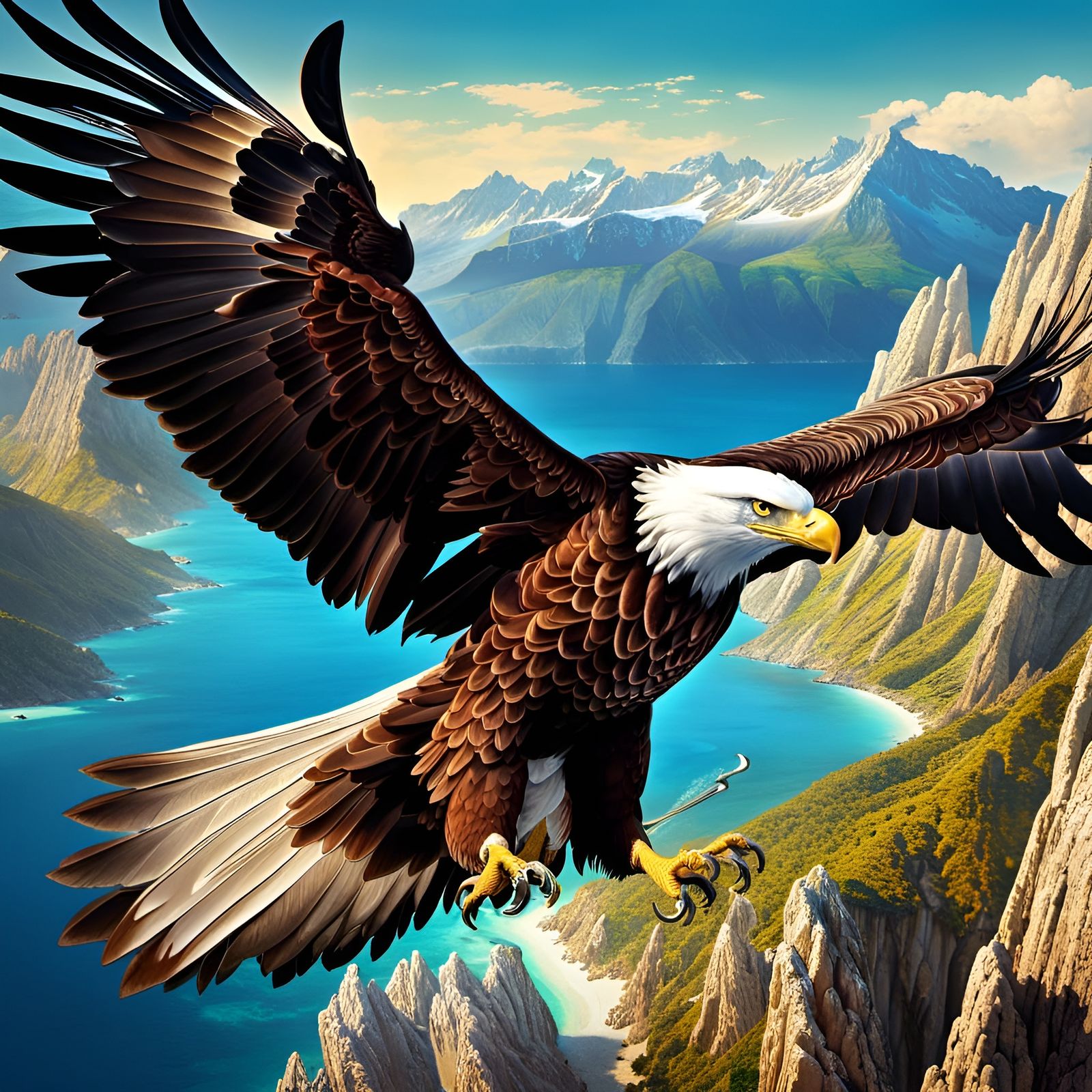 Eagle Soaring Above Rocky Mountains in Baroque Style