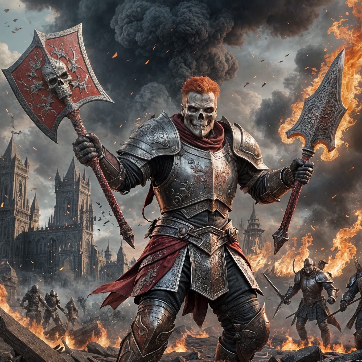 Fiery Skull-Faced Warrior with Axe, Digital Art