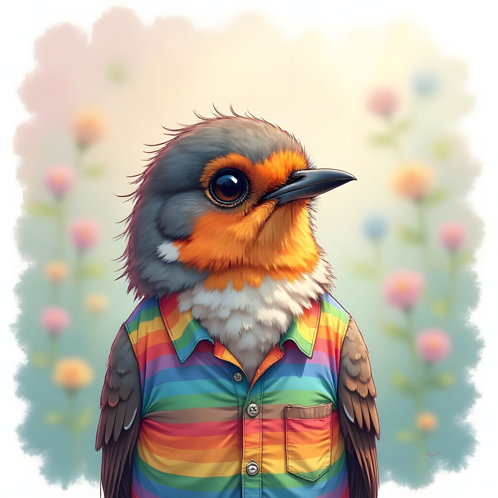 Disappointed Robin Bird in Rainbow Shirt