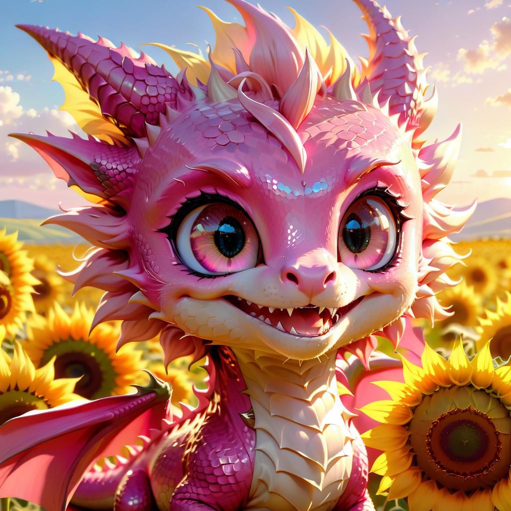 Adorable Pink Dragon in Sunny Sunflower Field