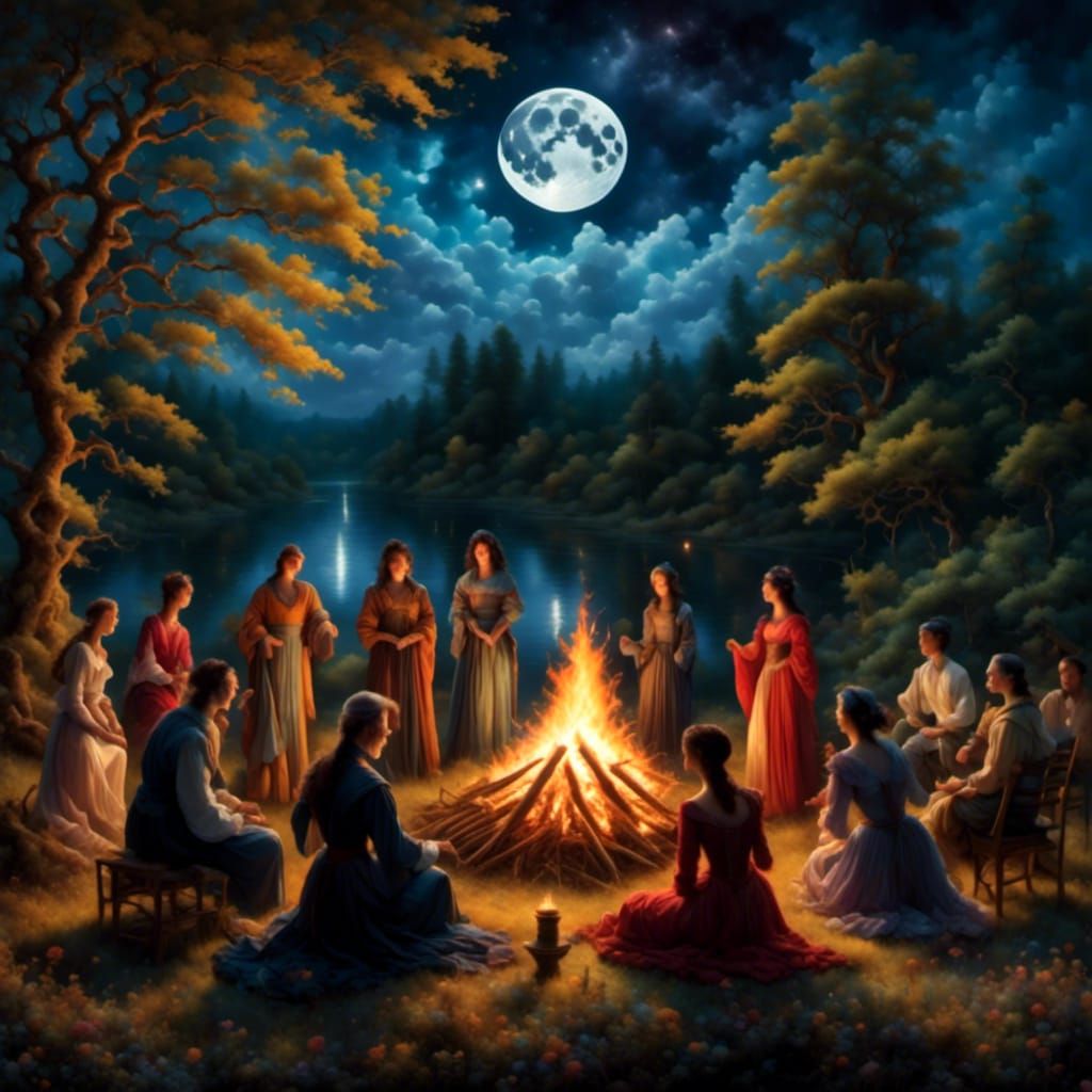 Bioluminescent Bonfire Under a Magical Moonlit Sky