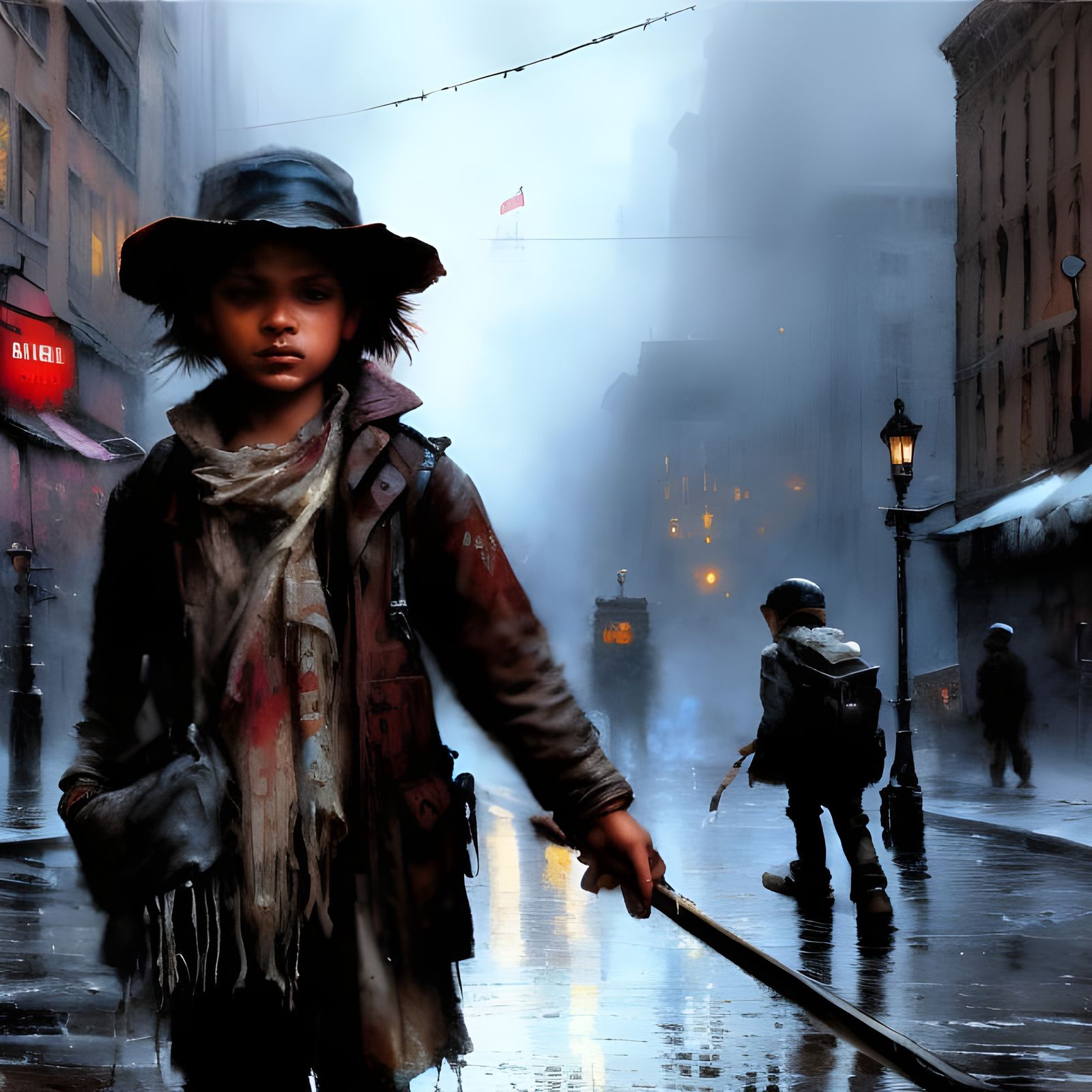 Street Urchin Begging: Detailed Ink and Paint Art