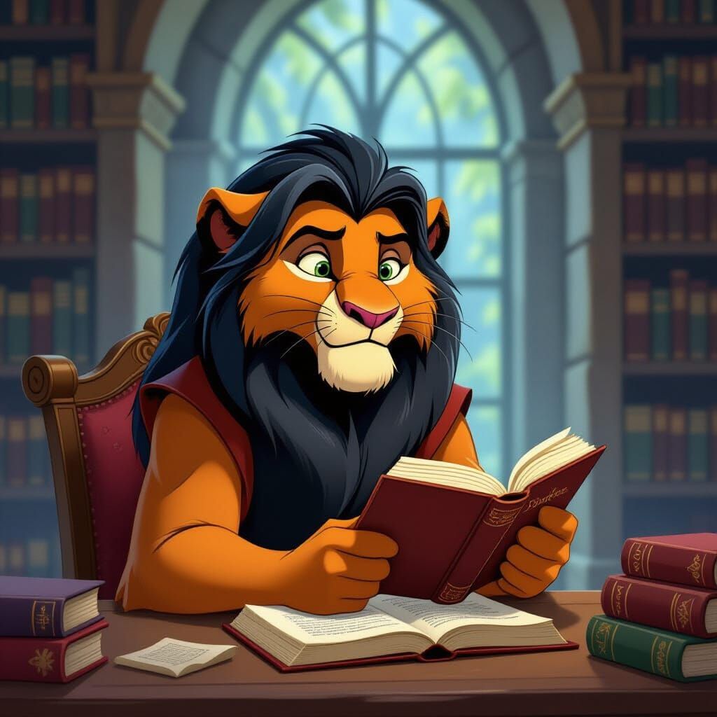 Aristocratic Scar in Hidden Library, Disney Animation Style
