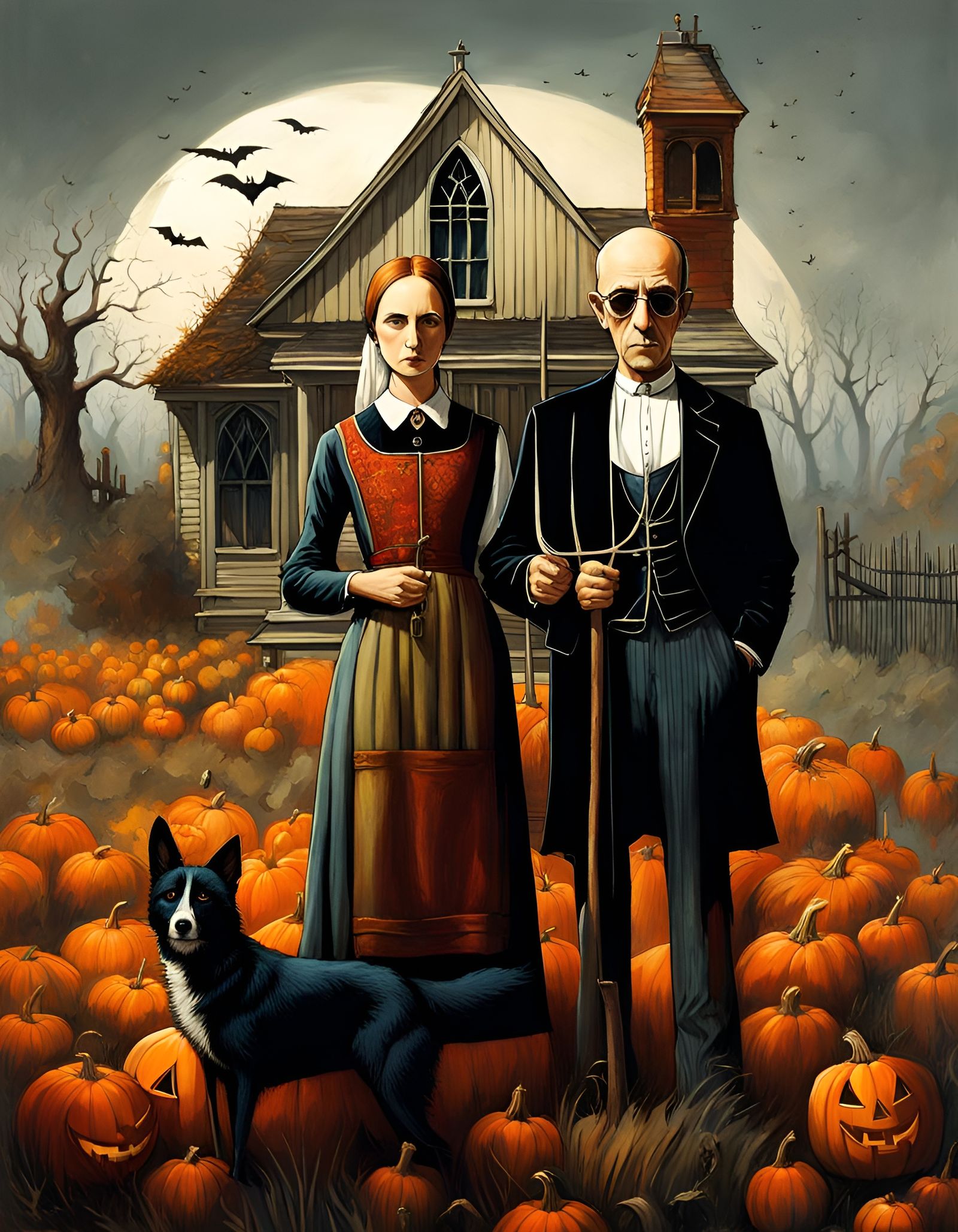 Halloween American Gothic Crayon Caricature