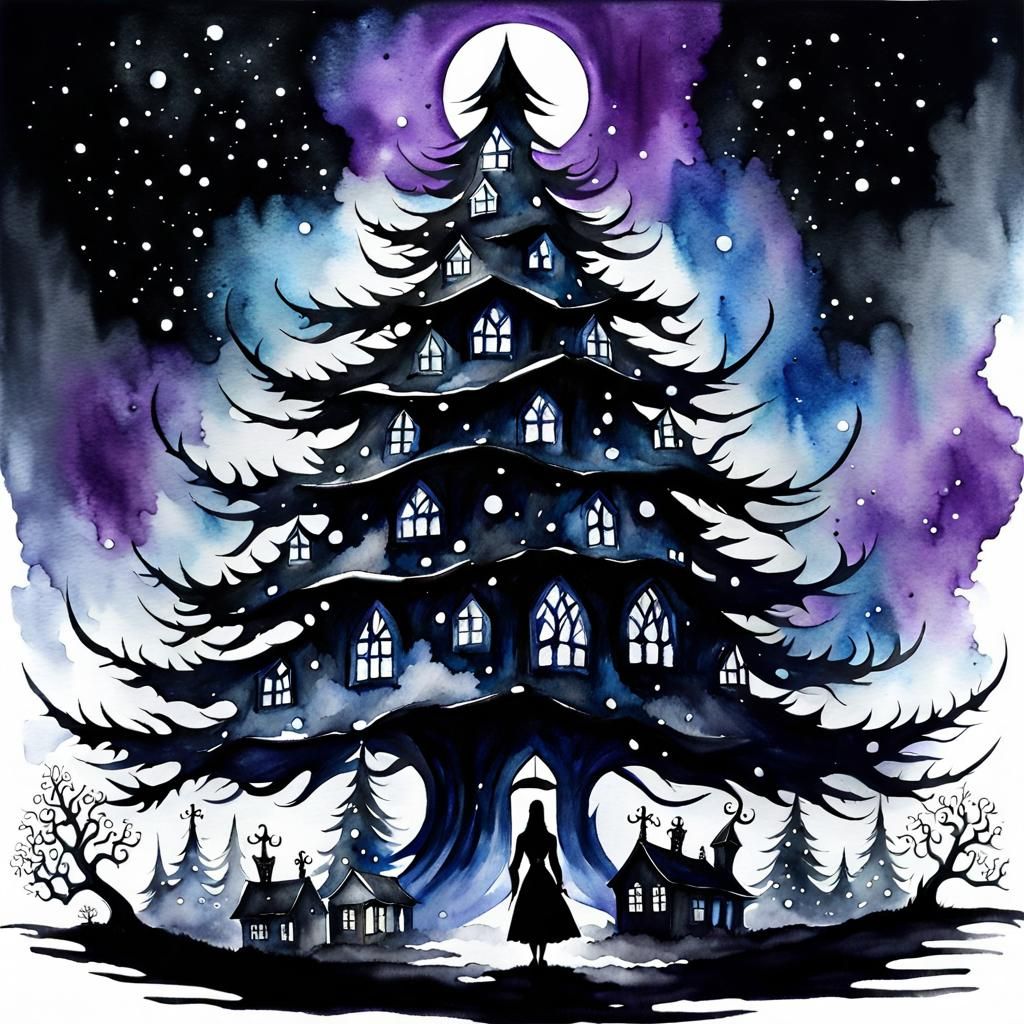 Gothic Halloween Christmas Tree in Watercolor Style