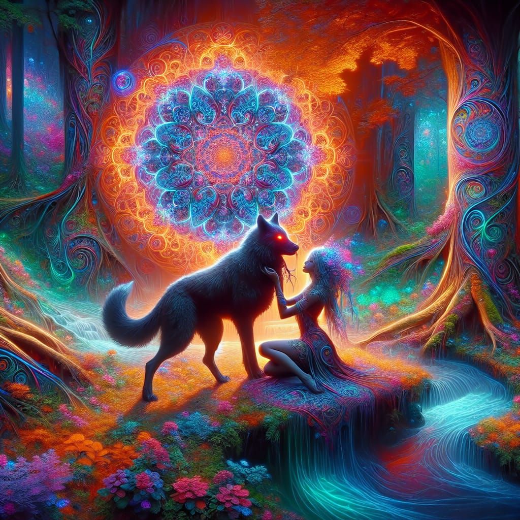 Mystical Woman Feeds Black Wolf in Vibrant, Symmetrical Fore...
