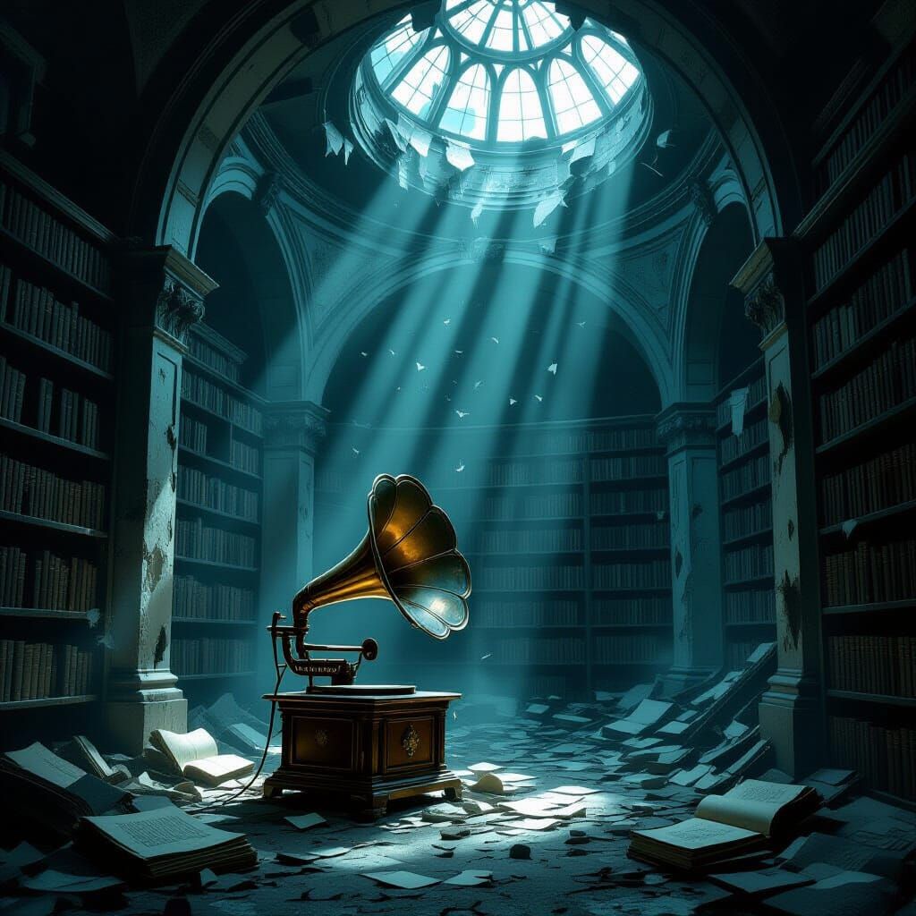Haunting Gramophone in Ruined Library, Gothic Atmosphere