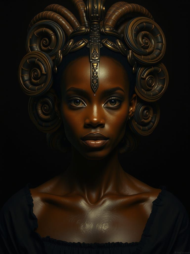 Afro-Futurist Warrior Queen Portrait in Metallic Style