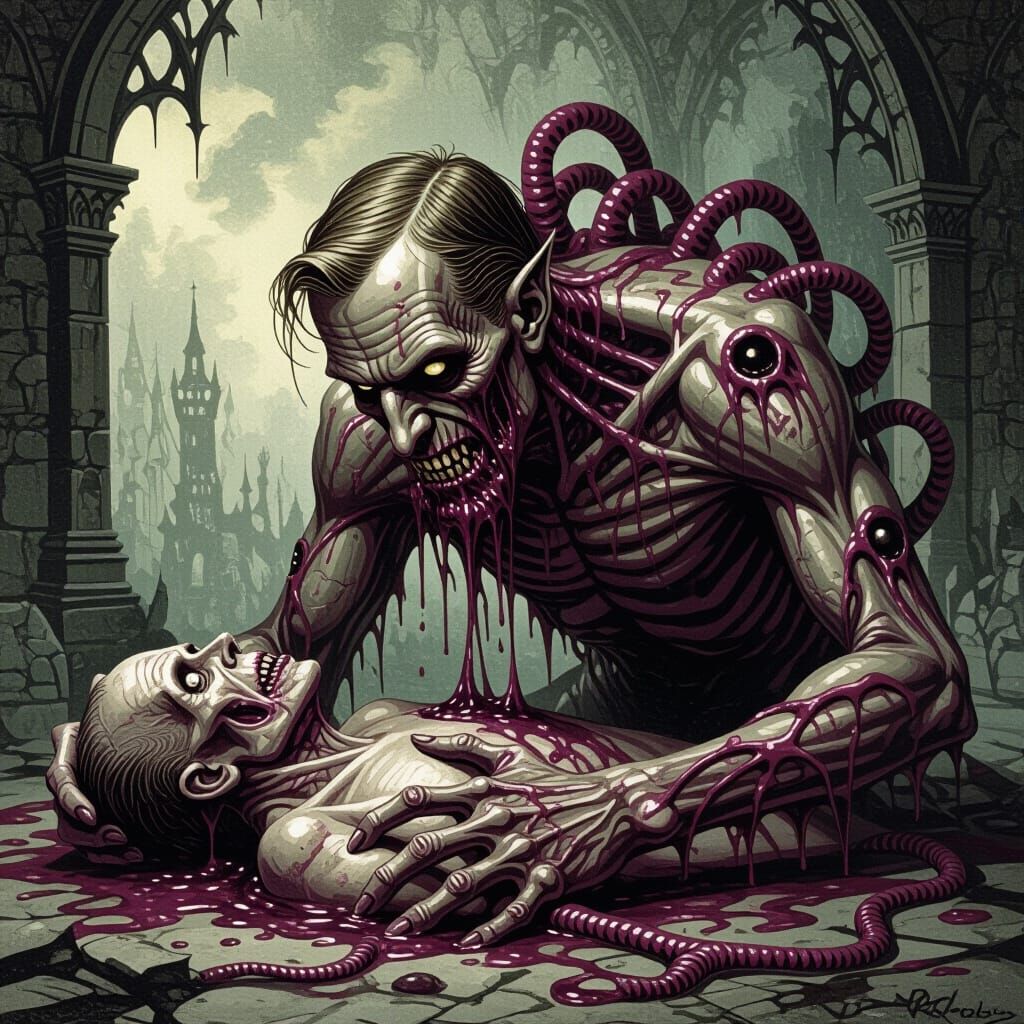 Grotesque Creature Feeds in Gothic Horror Style