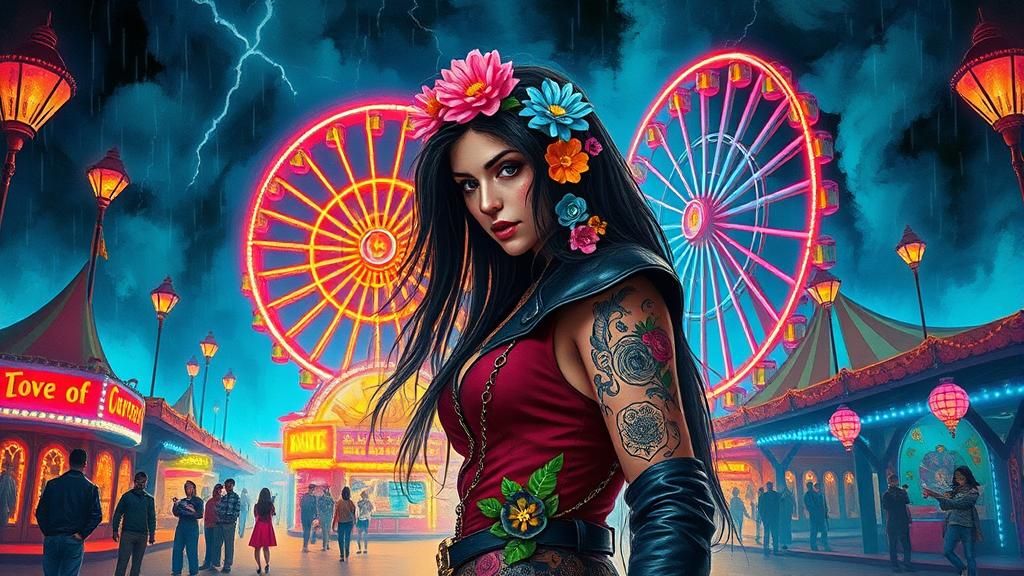 Steampunk Queen at Neon Carnival in Impressionist Style