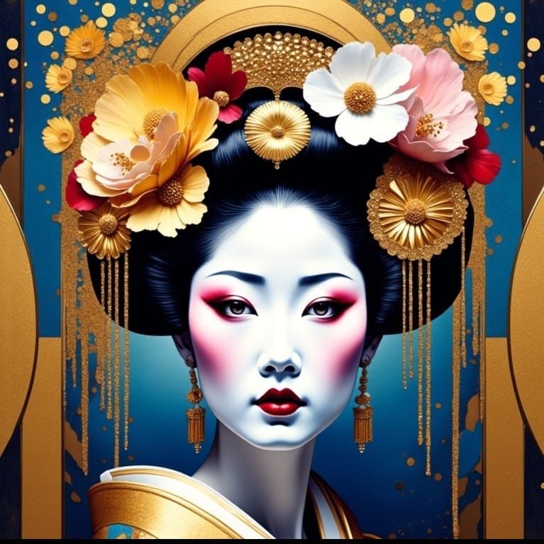 Geisha with Flower Crown in Neo-Impressionistic Style