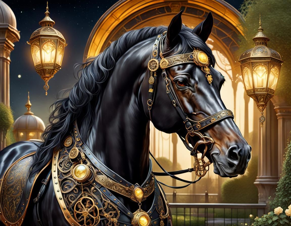 Black Arabian Horse in Steampunk Garden, Digital Art