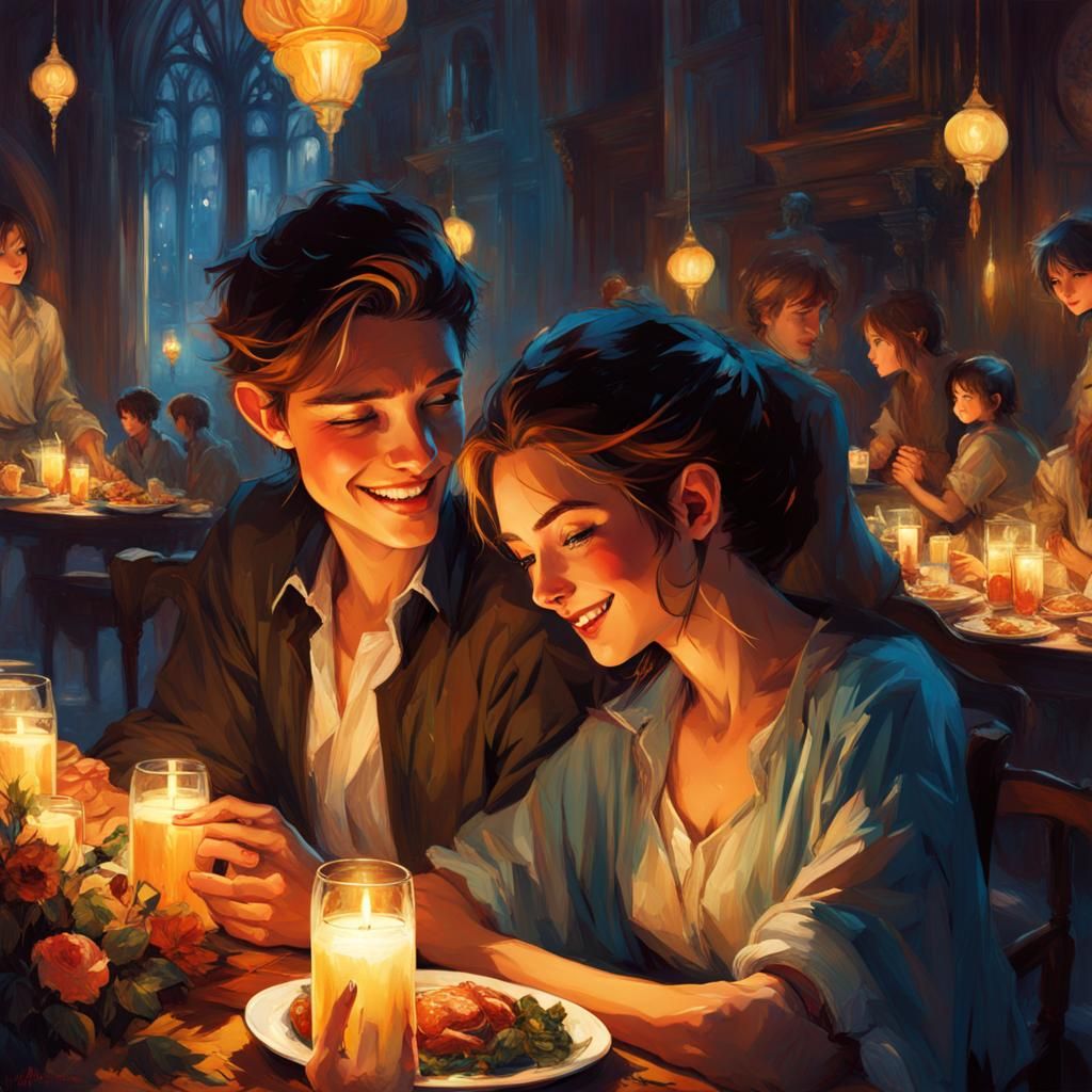 Romantic Candlelight Dinner: Digital Painting of Young Coupl...