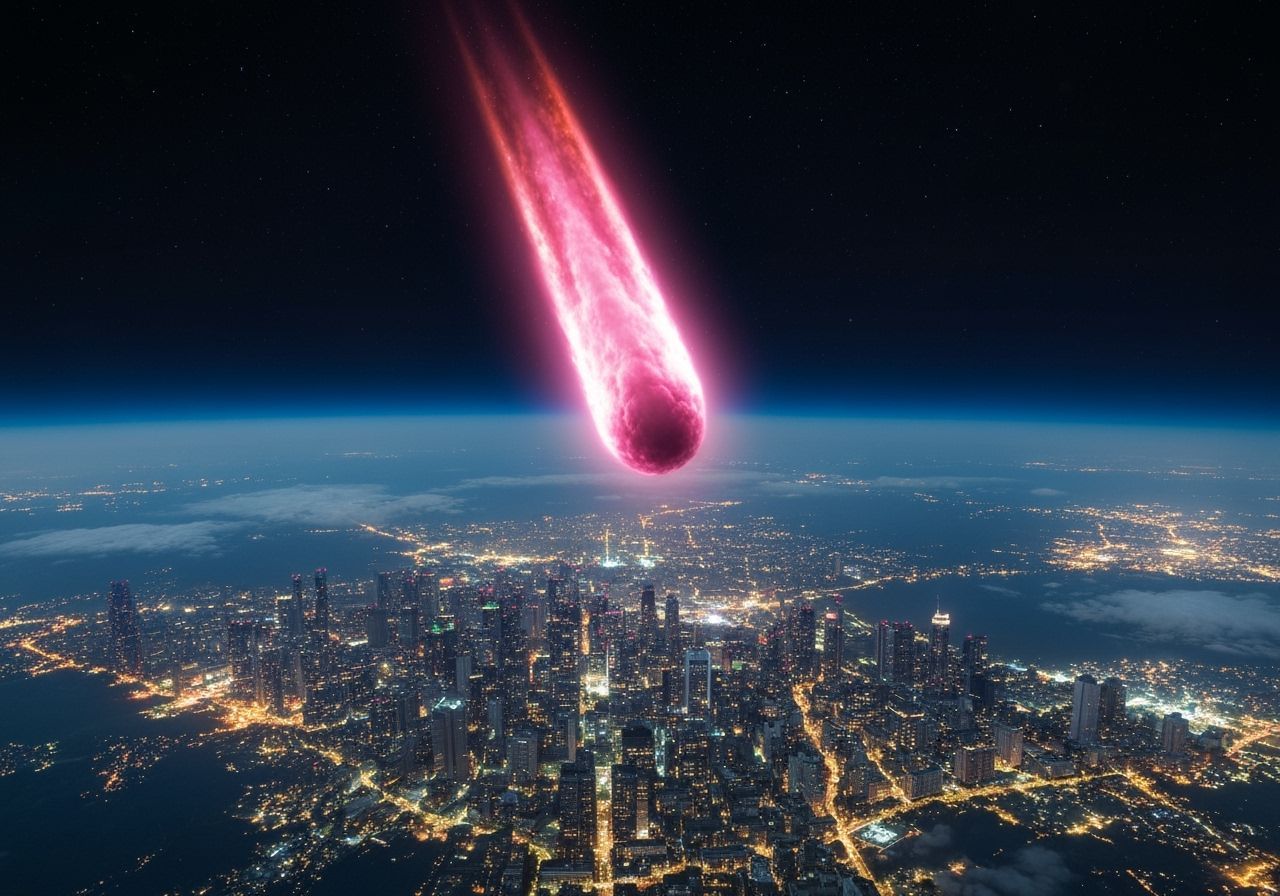 Pink Marshmallow Meteor Streaks Towards Cityscape