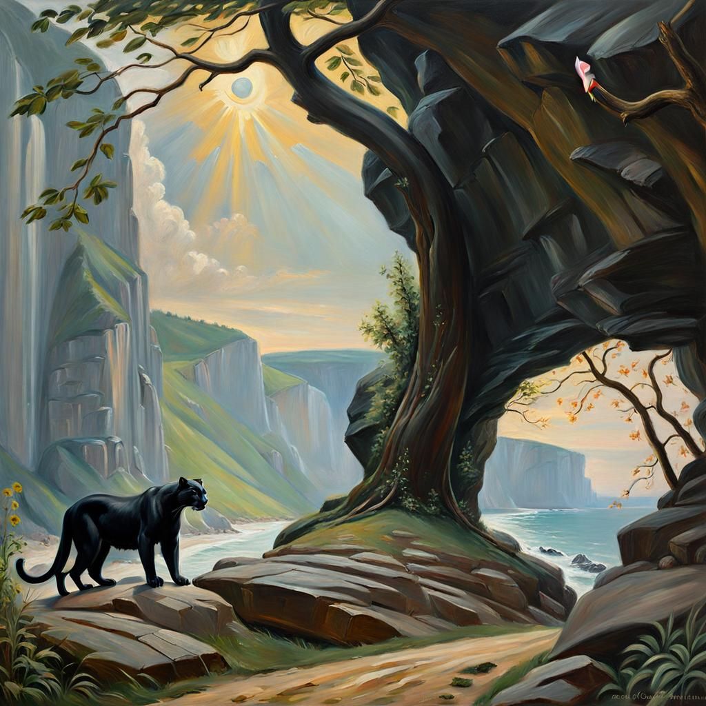Panther Overlooking Fairy Tale Scene as Oil Painting