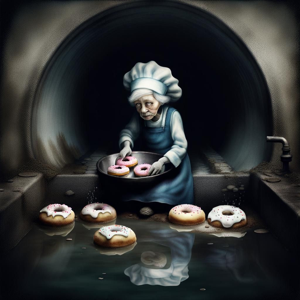 Sad Woman Baking Donuts in Sewer, Moody Photography