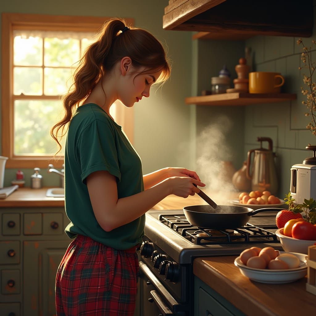 Cozy Kitchen Scene in Folk Art Style