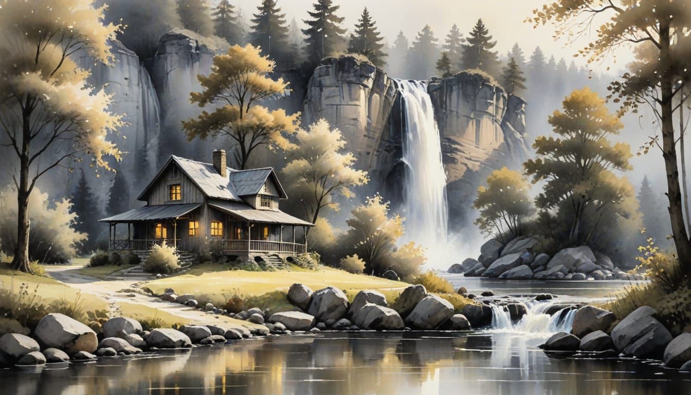 Ink Wash Painting of a Rustic House by a Waterfall