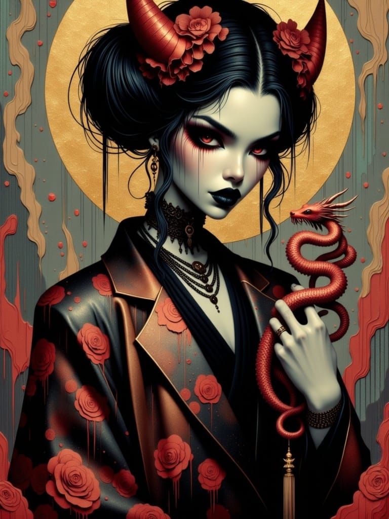 Goth Grunge Woman Holds Tiny Dragon, Dark Velvet Aesthetic