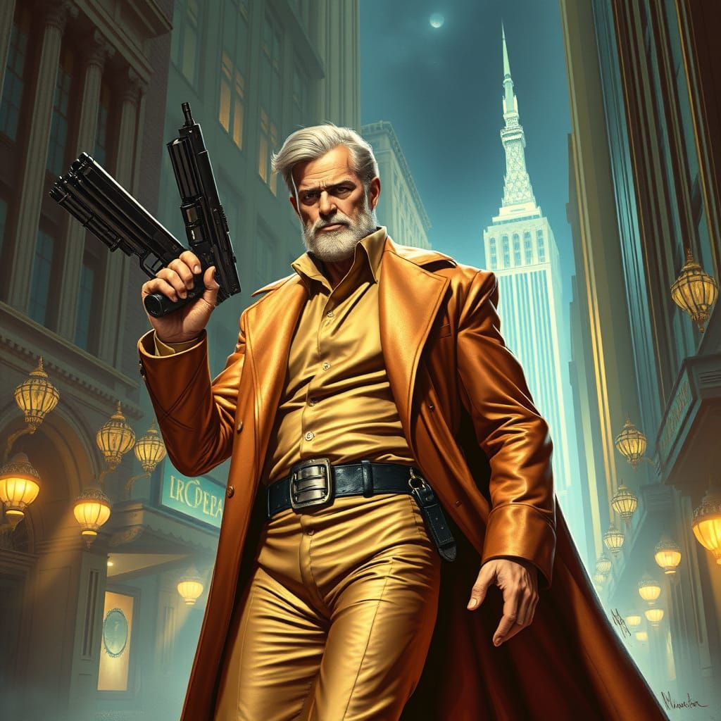 Doc Savage in Art Deco City with Futuristic Weapon