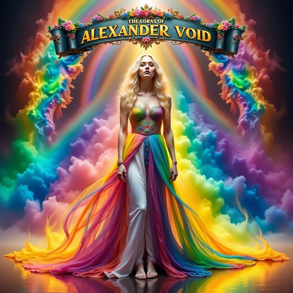 Radiant Woman on Rainbow in Hyperrealistic Fantasy