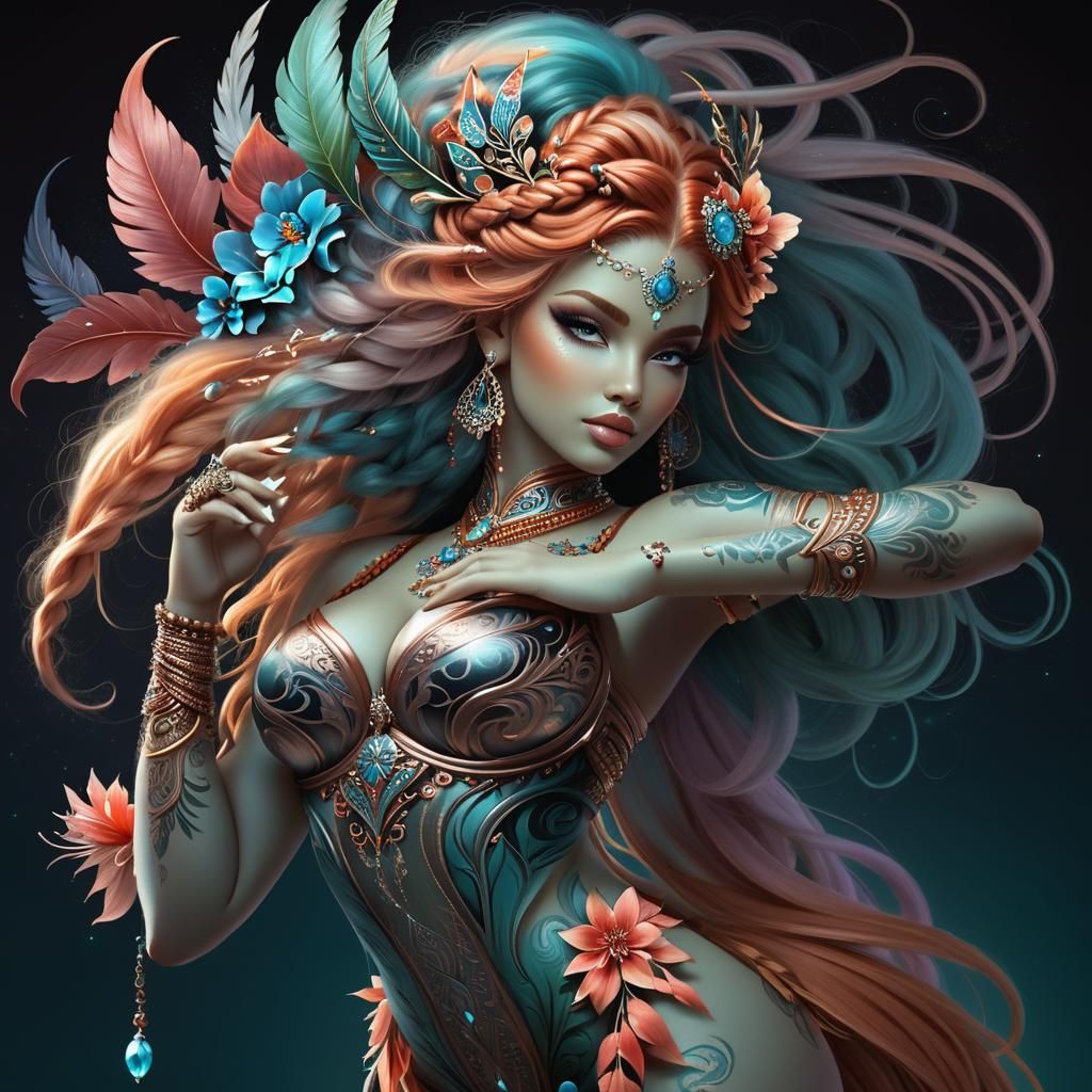 Forest Fairy Woman with Tribal Tattoos and Aquatic Wings