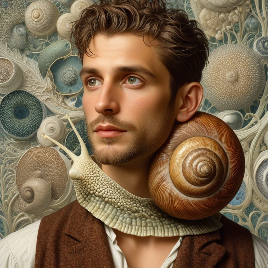 Pre-Raphaelite Snail-Man Portrait with Intricate Shell