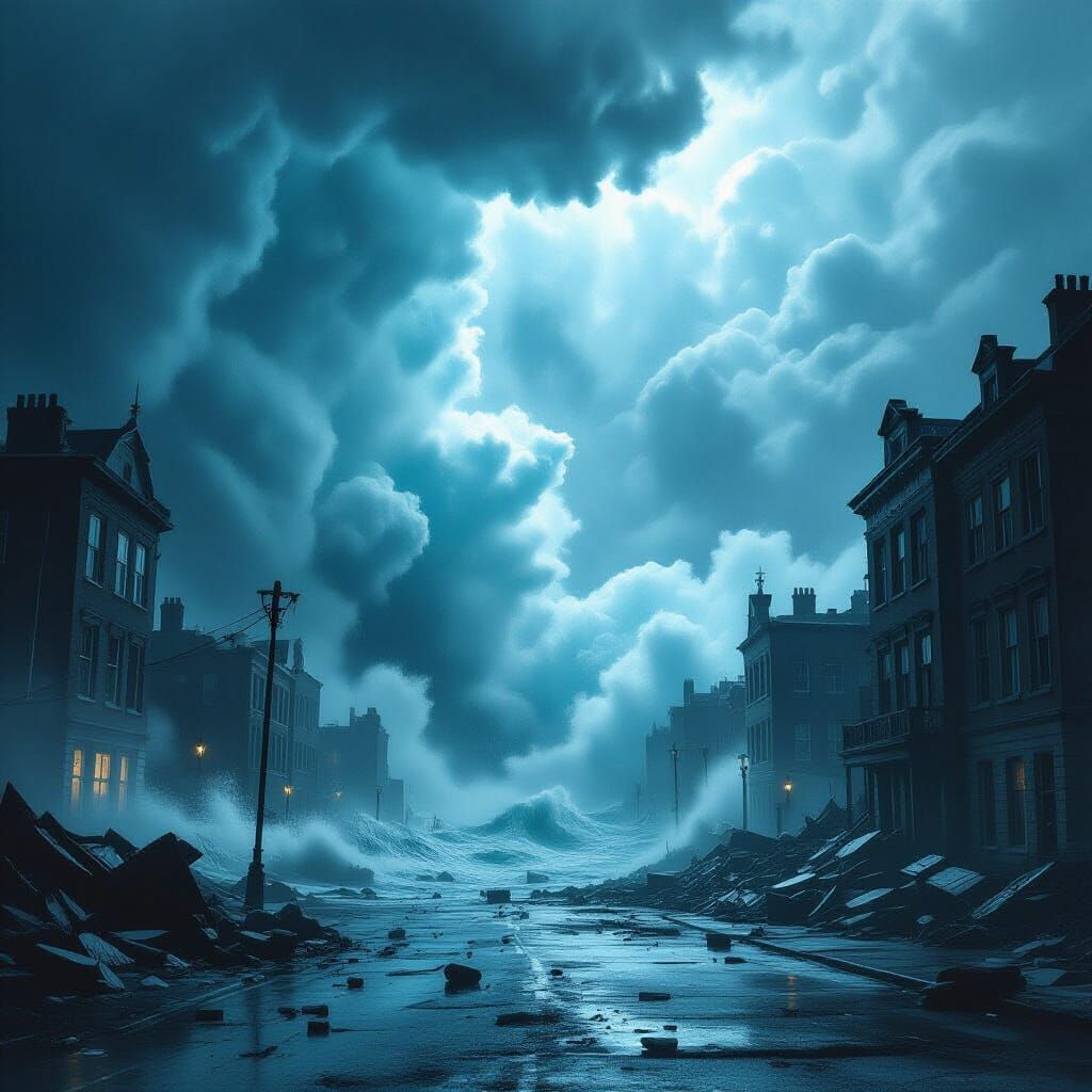 Hurricane Devastation: Ruined City Meets Crashing Waves