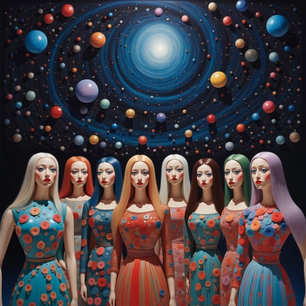 Mysterious Female Figures Gather Under the Cosmic Sky
