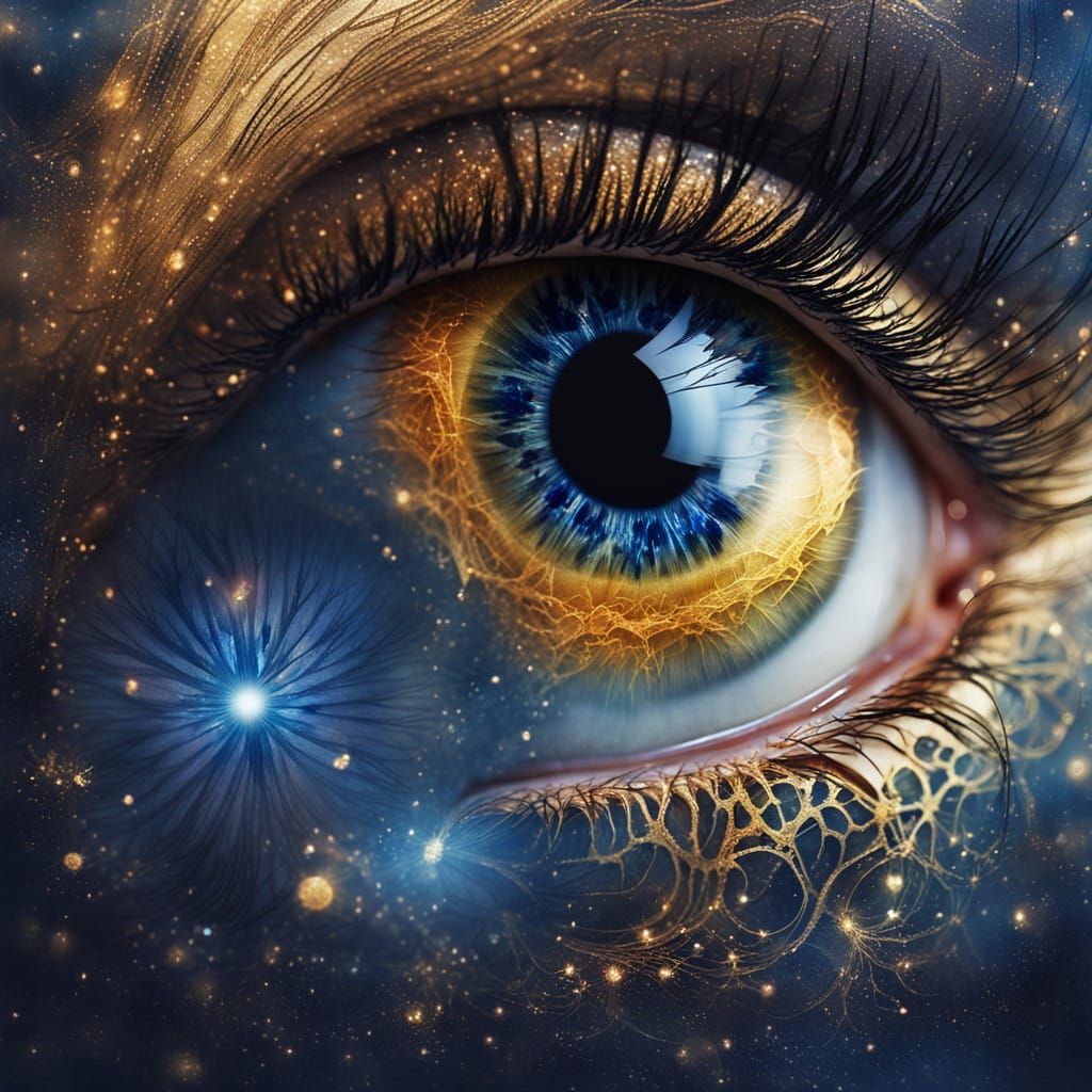 Close-Up of an Ethereal Eye, Radiant with Gold and Silver
