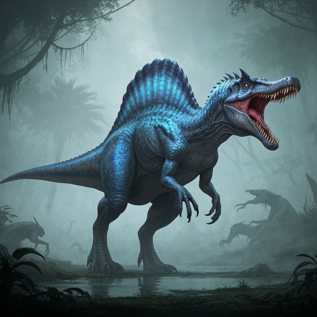 Bioluminescent Spinosaurus Roars in Primeval Swamp, Dark Fan...