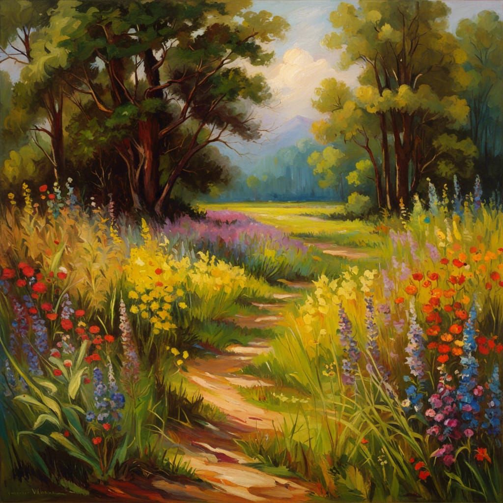 Colorful Meadow in Impressionistic Oil Painting Style