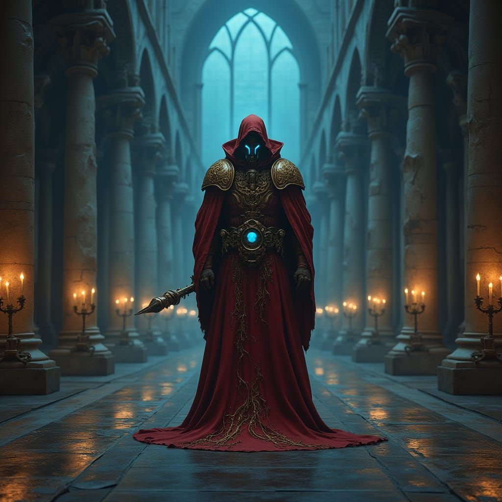 Tech-Priest in Haunting Industrial Cathedral