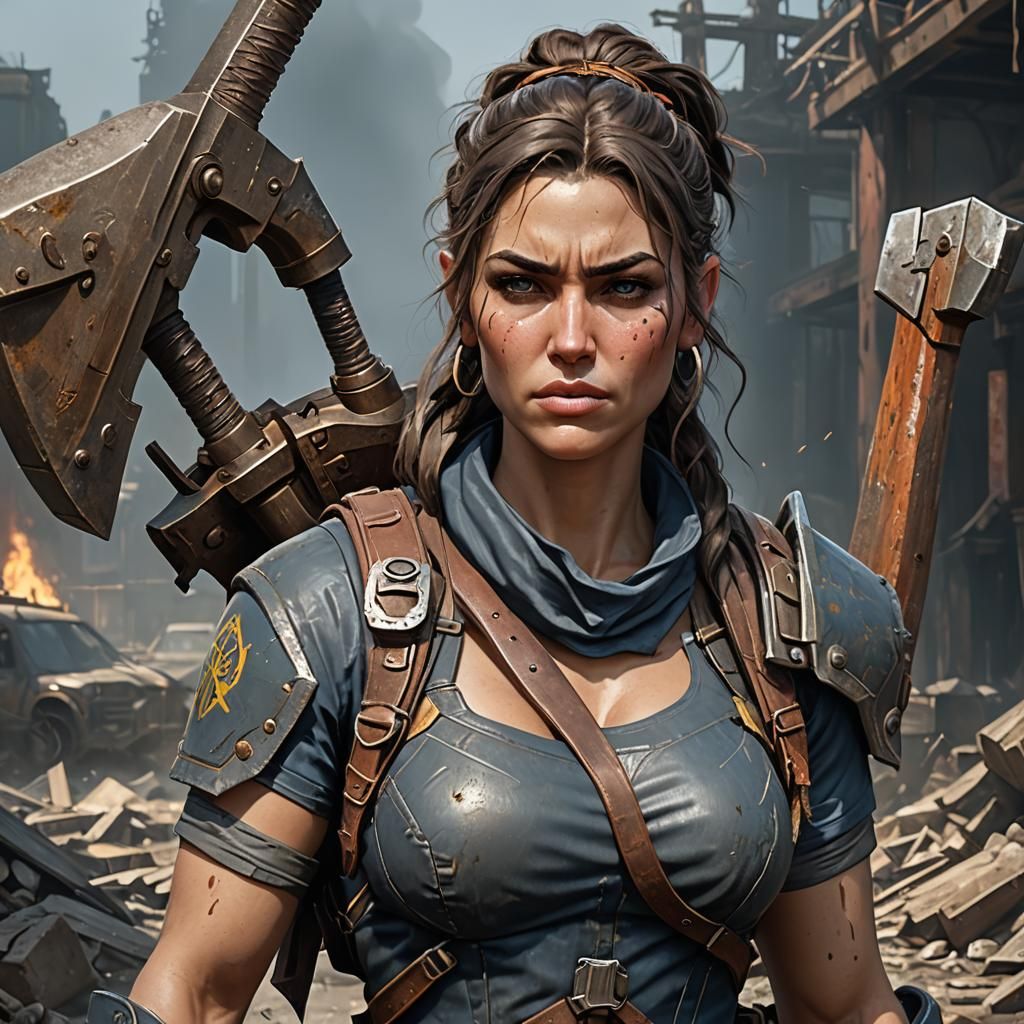 Muscular Raider Girl with Axe in Post-Apocalyptic Style