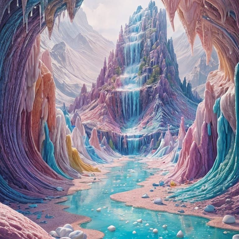 Hyperrealistic Ice Cream Wonderland with Soda Waterfall