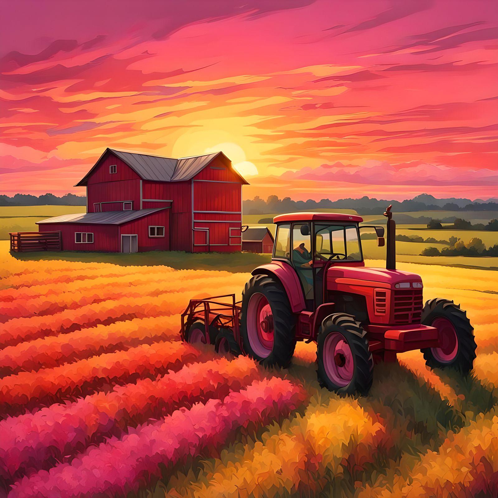 Hyper-Realistic Farm Sunset Tractor Scene