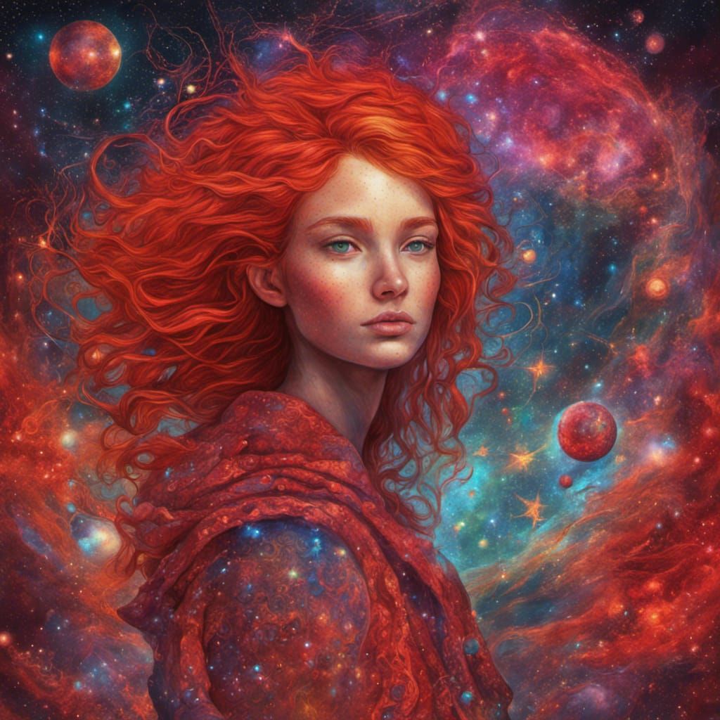 Cosmic Redhead in Holographic Astral Illustration