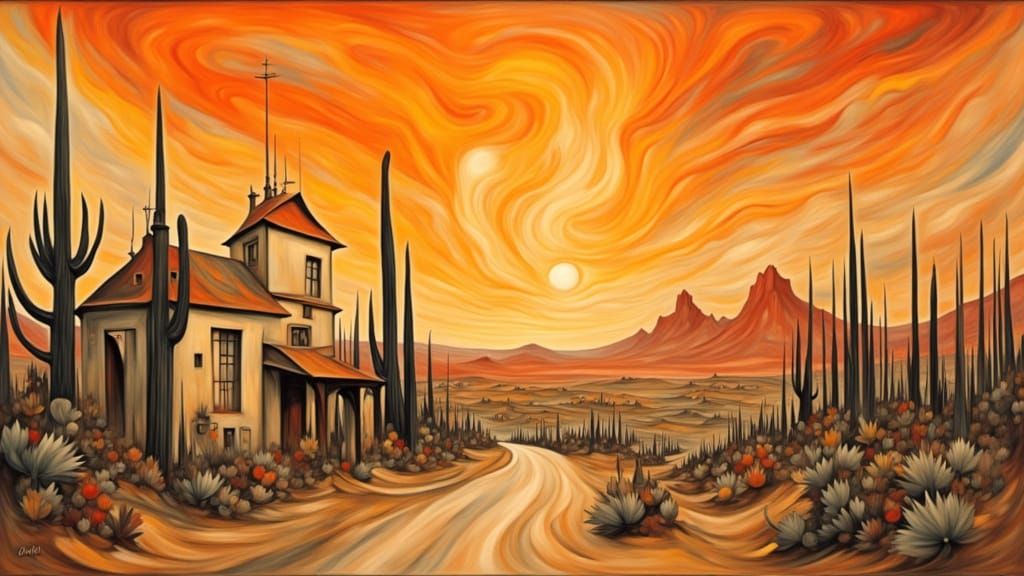 Surreal Inked Desert Landscape with Stucco House