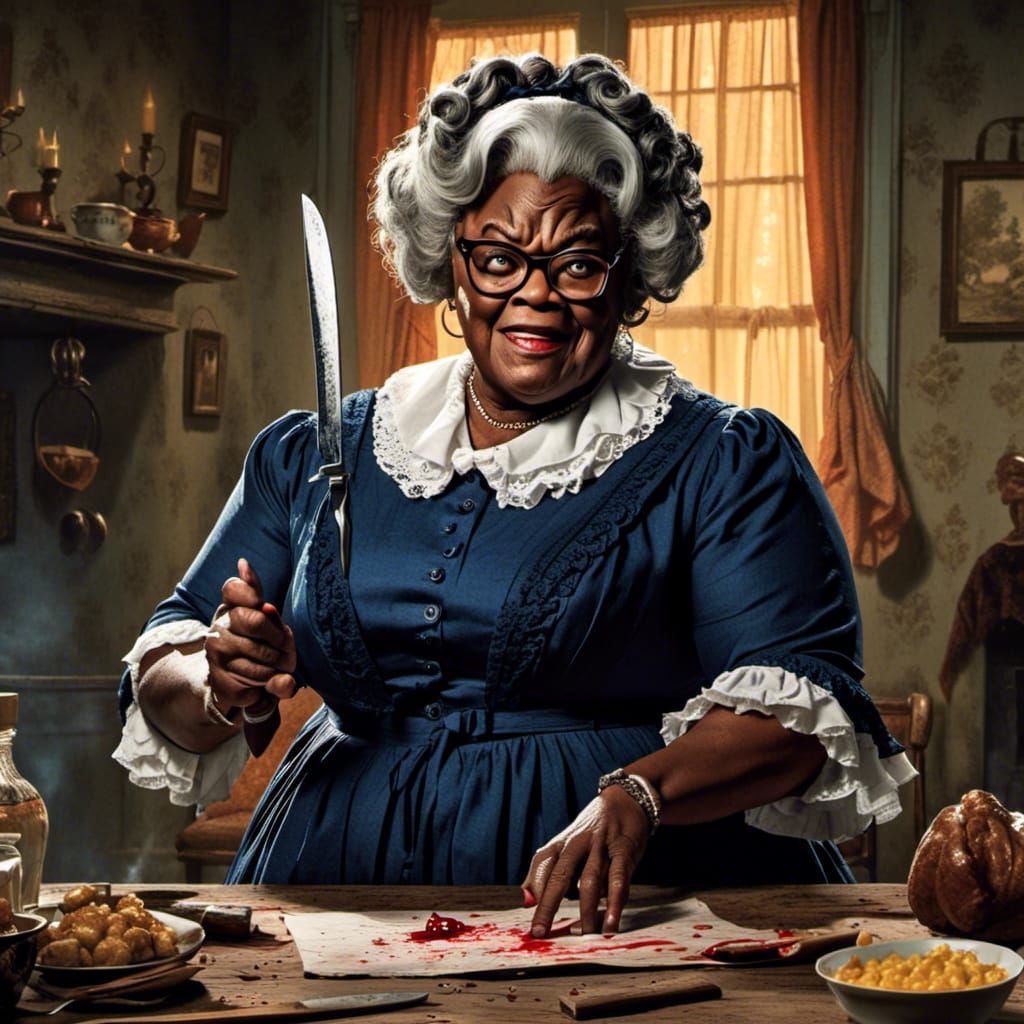 Madea with Knife in Horror Scene