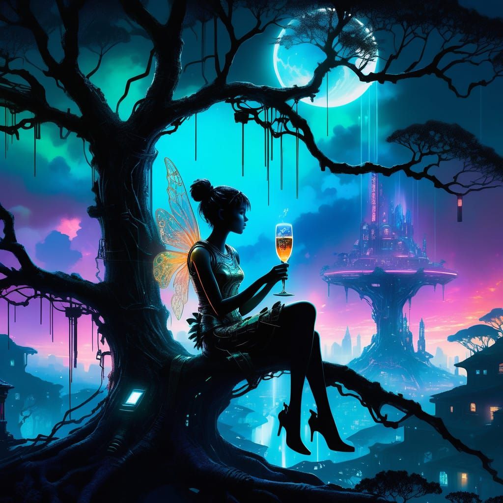 Ethereal Fairy Sits in Cyberpunk Tree of Life, Drinking Cham...