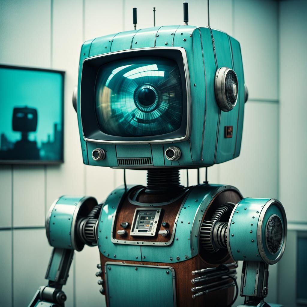 Retro Robot with TV Head in Futuristic City