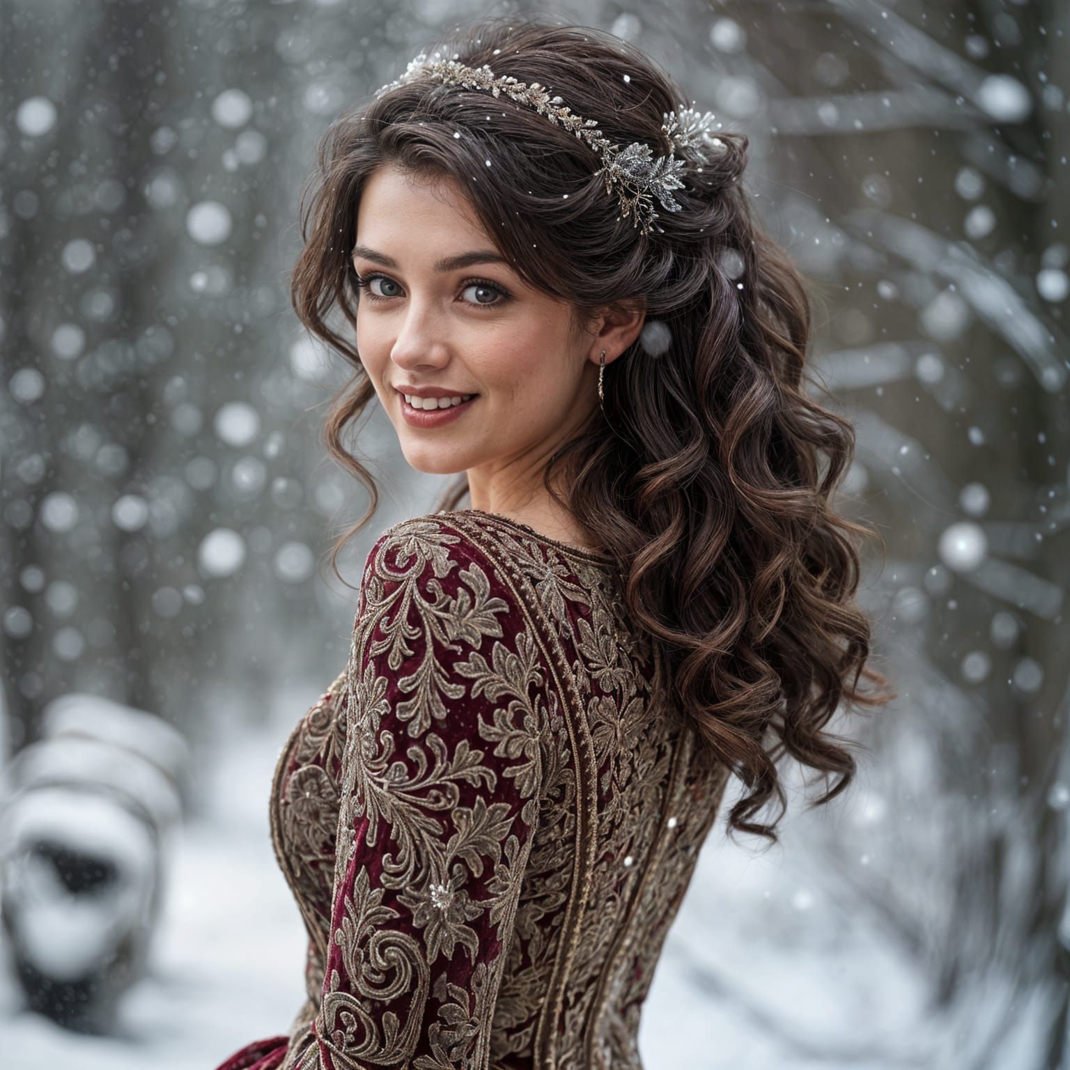Victorian Velvet Goddess Under Snowy Light
