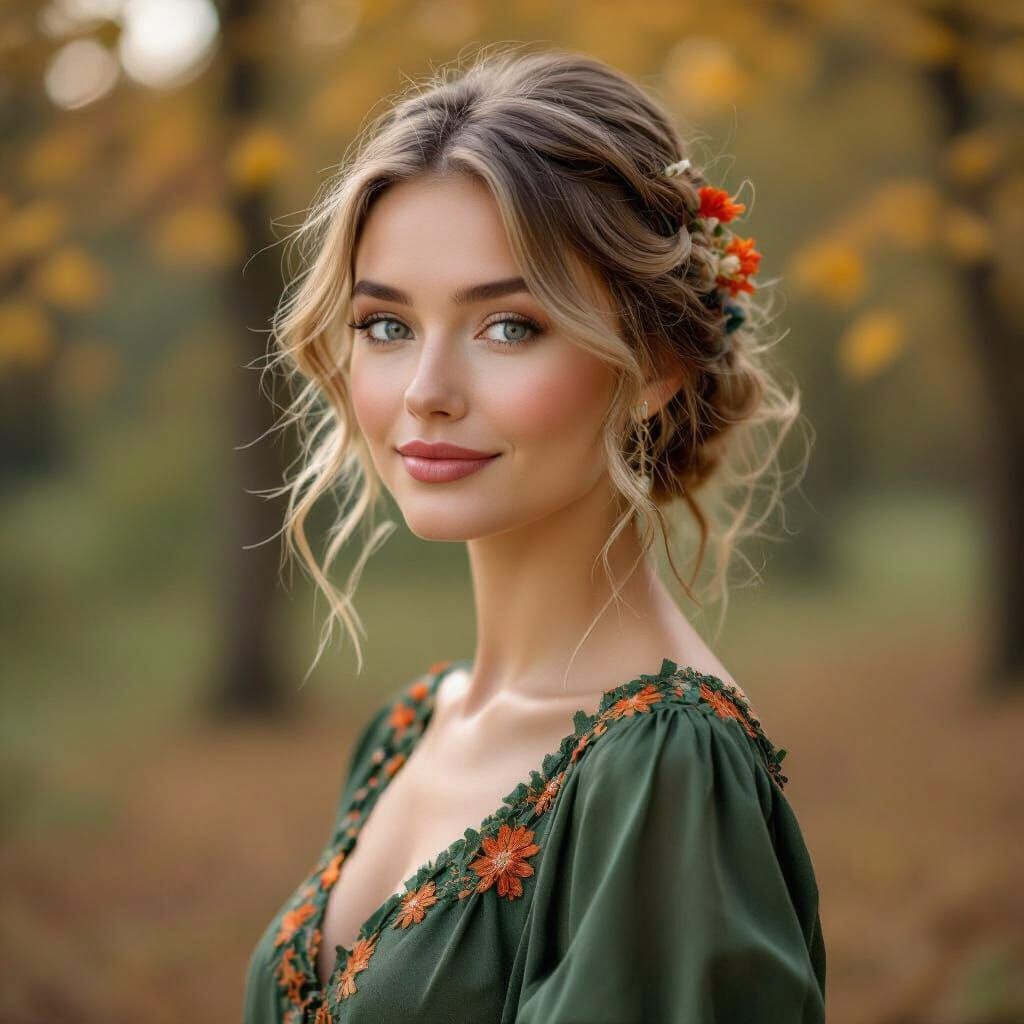 Elegant Woman in Autumn Forest, Art Nouveau Inspired