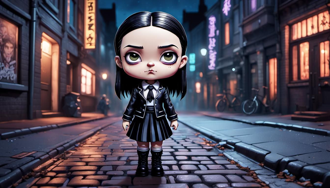 Chibi Wednesday Addams in Gothic Cyberpunk City