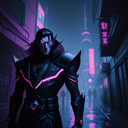 Cyberpunk Dracula in Night City Alleyway