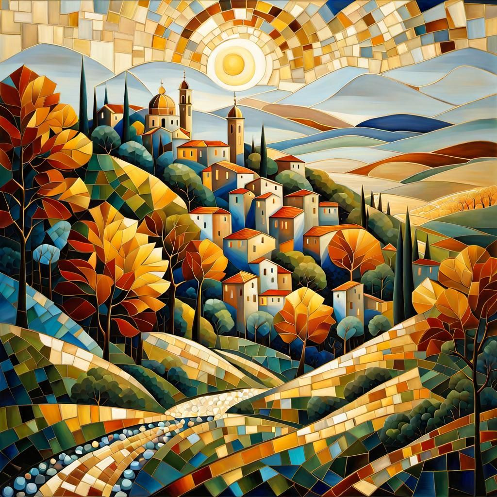 Italian Town at Night in Cubist Mosaic Style