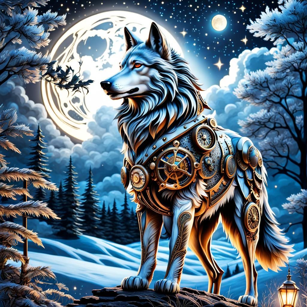 Steampunk Wolf Howling at Moonlit Sky