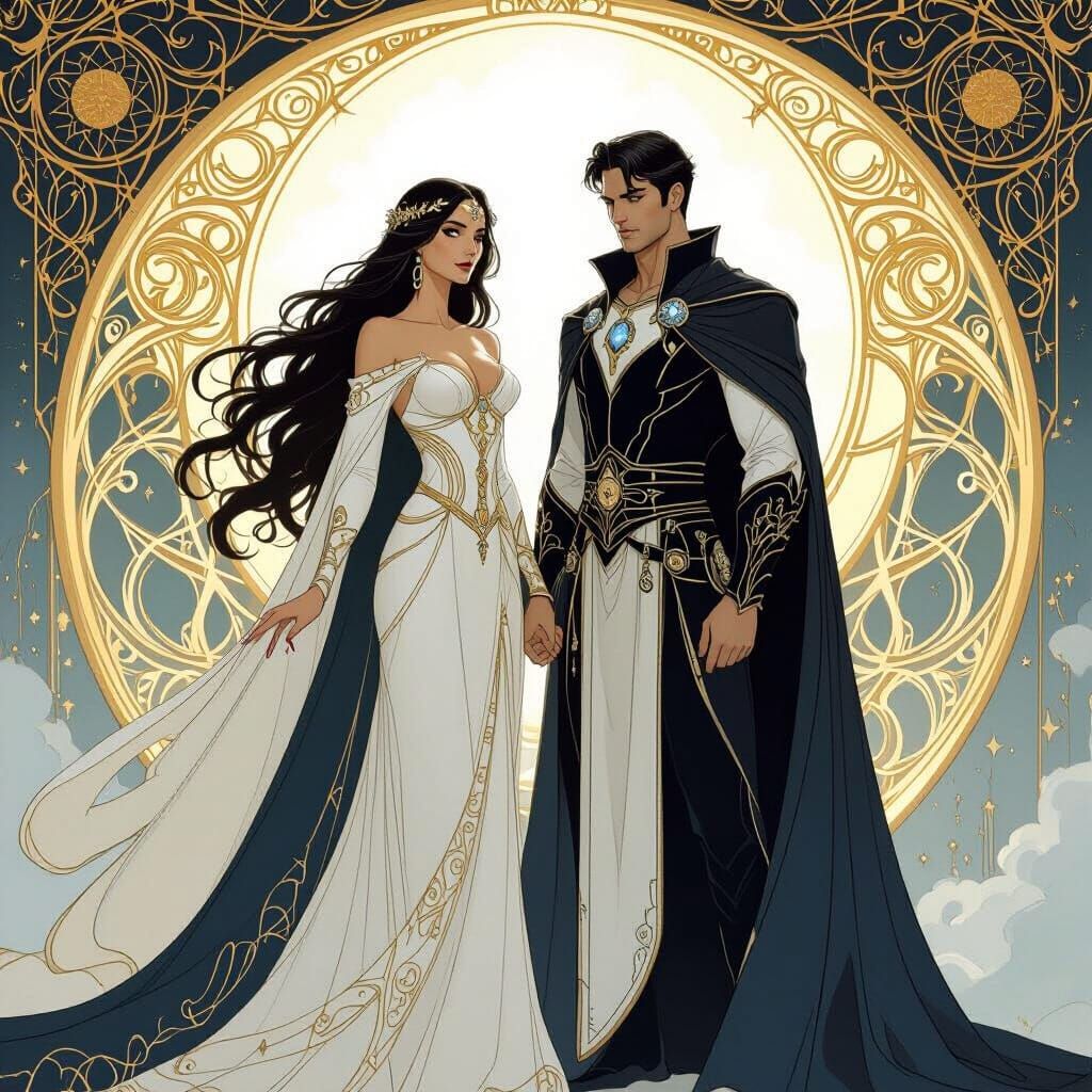 Lumare and Nyx: Ethereal Gods in Art Nouveau Style